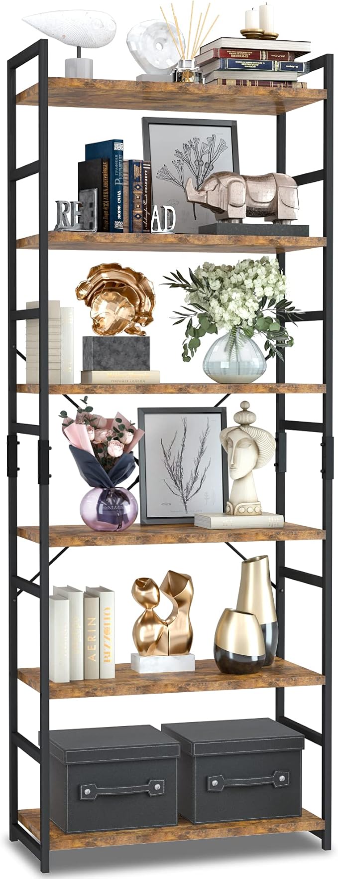 NUMENN 6 Tier Bookshelf, Tall Bookcase Shelf Storage Organizer, Modern Book Shelf for Bedroom, Living Room and Home Office, Vintage