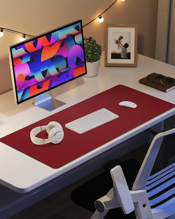 Leather Desk Protector, Red Office Mat, Non-Slip PU Laptop Blotter, Waterproof Writing Pad for Office and Home (Red, 31.5" x 15.7")