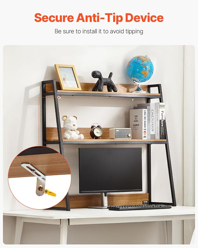 VEVOR 2-Tier Desktop Storage Organizer, 37.4" x 12.6" x 35.4" Office Storage Rack, Wood Color Display Shelf, Desktop Bookshelf Hutch with Anti-Slip Feet Pads, for Office, Home & Dorm