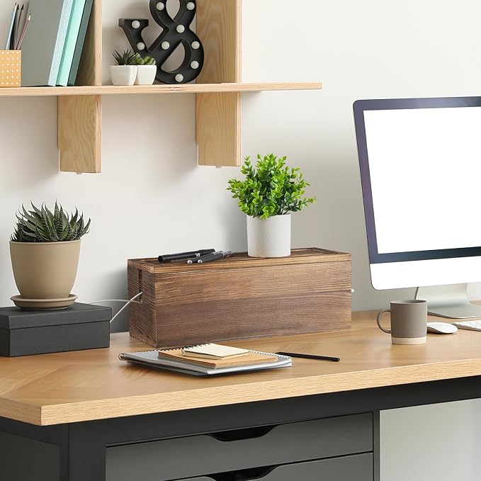 Large Cable Management Box, Burnt Wood Cord Organizer Box for Desk, Floor, Office to Hide Extension Cords Power Stripes Surge Protectors Chargers Wires