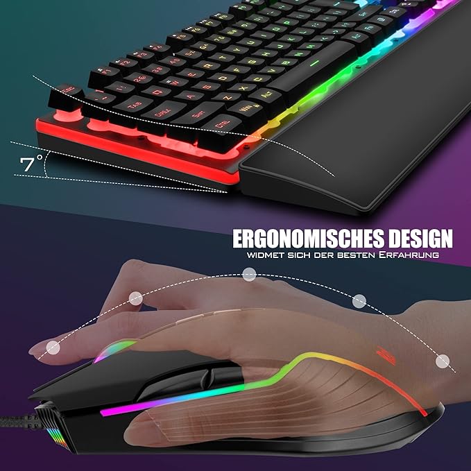 RedThunder K10 Wired Gaming Keyboard and Mouse and Wrist Rest Combo, RGB Backlit, Mechanical Feel Anti-ghosting Keyboard + 7D 7200 DPI Mice+Soft Leather Wrist Rest 3 in 1 PC Gamer Accessories(Black)