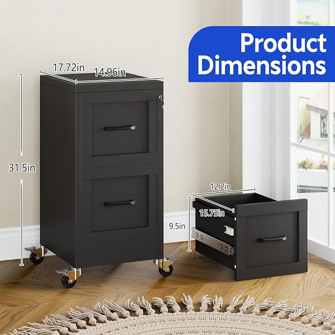 Small Metal 2-Drawer File Cabinet, Under Desk Office Cabinet, Black | Rolling, Locking, Adjustable Hanging Rail, Fit A4, FC, Letter, Hanging File Folders for Home Office Storage Organization, 2PS