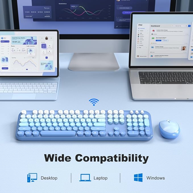 Dilter Wireless Keyboard Mouse Combo, Typewriter Full Size Keyboard with Number Pad and 2 in 1 USB Connected Mouse for Windows 7/8/10, Laptop, Desktop, PC, Computer (Blue Colorful)