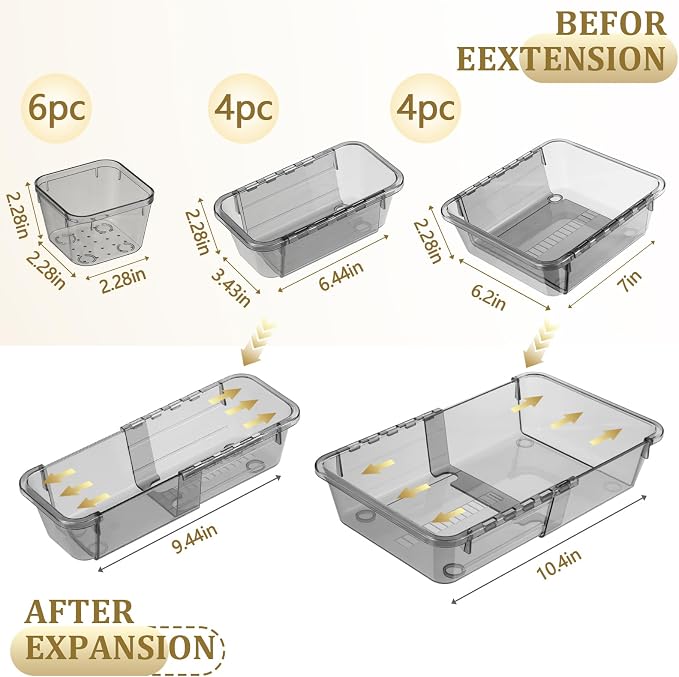 14 Pcs Adjustable Clear Drawer Organizer, Extendable Vanity Storage Bins, Desk Drawer Organizer Set for Makeup, Cosmetics, Bedroom, and Gadgets, Black