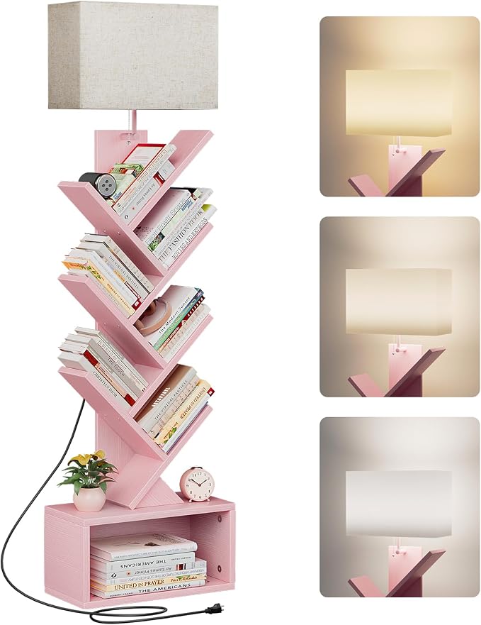 Evermagin 6 Tier Tree Bookshelf with Light, Narrow Bookcase Tower, Tall Floor Standing Book Shelf Organizer with Storage Cabinet for Living Room, Bedroom and Home Office, Pink