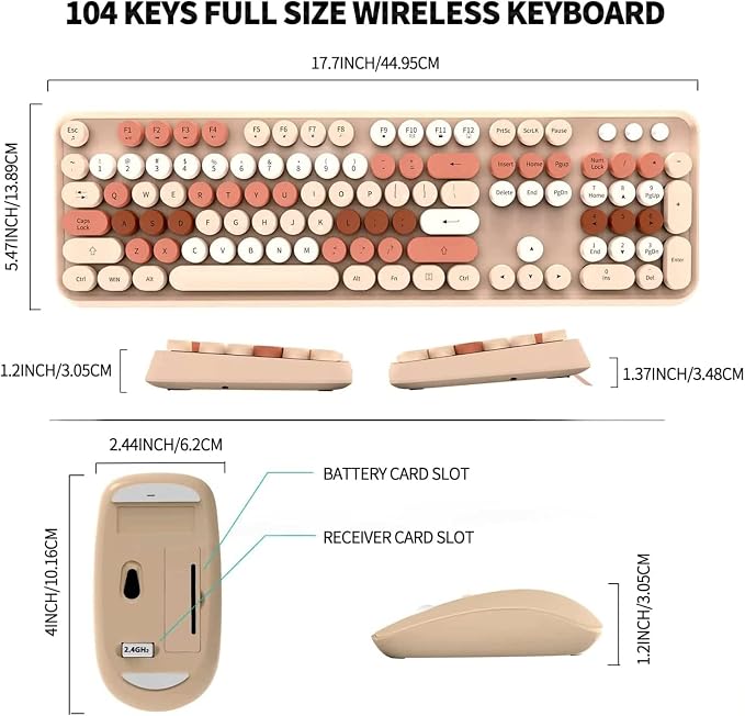 Beige Wireless Keyboard and Mouse Combo, Cute Aesthetic Typewriter Keyboard with Round Keys, 2.4Ghz Retro Bubble Full Size Wireless Keyboard with Number Pad for Long Nails PC Laptop