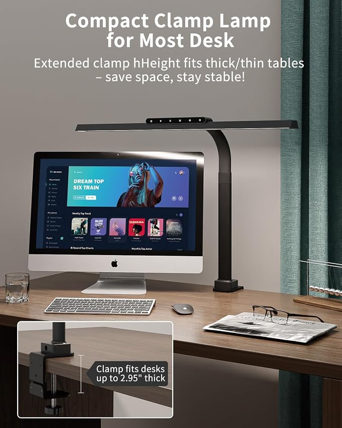 LED Desk Lamps for Home Office, 24W Bright Eye-Caring Light with Clamp, Stepless Dimming Adjustable Flexible Gooseneck Clip on Desk Office Lamp with Adapter for Reading, Study, Workbench,Black