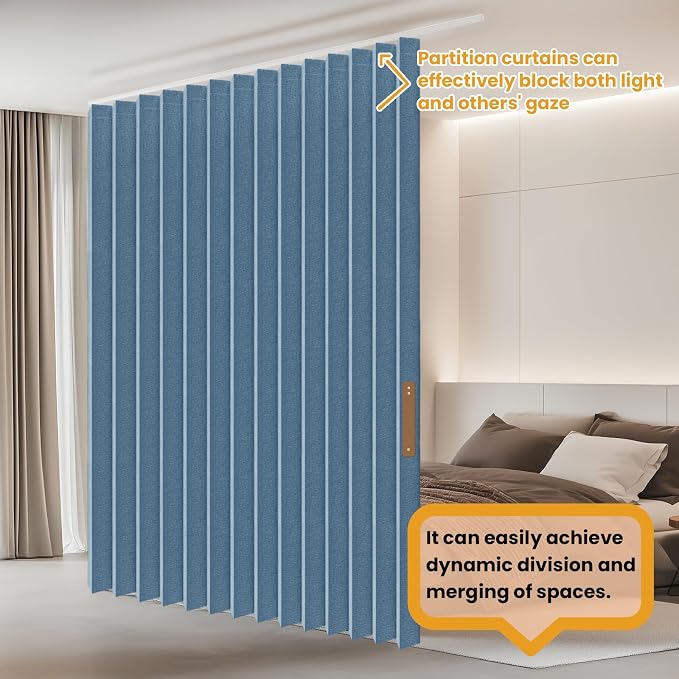 JILRON Accordion Partition Curtain with Ceiling Track - Space-Saving Room Divider, Tool-Free Installation(Blue 100" W x 108" L-Pack of 1)