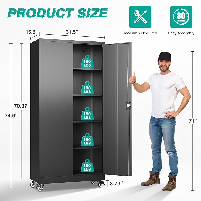 SISESOL Metal Storage Cabinet with Wheels,75 inch Tall Rolling Garage Storage Cabinet with Lock,Black Metal Cabinets with Wheels and Shelves,Deep Heavy Duty Tool Locker for Garage,Home,Office,Shop