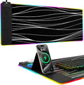 Mouse Pad with Phone Holder, Wireless Charging Desk Mat, RGB Gaming Mousepad Home Office Large Desk Pad with Ultra-Smooth Surface, Non-Slip Base, Waterproof Keyboard Pad,Wavy Black