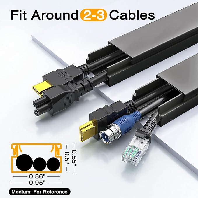 Cable Hider, 157in Delamu Cord Hider Wall for Wall Mounted TV, Wire Hider Kit, Paintable Cable Concealer Raceway Management for Home & Office, 10XL15.7 W0.95 H0.55in, Black