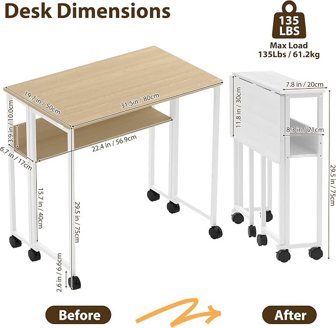 Folding Desk with Storage Shelf, 31.5 Inch Foldable Computer Table with Wheels for Small Spaces,Space Saving Sofa Table for Couch, Rolling Writing Work Office Computer Desk, Easy to Fold,Oak