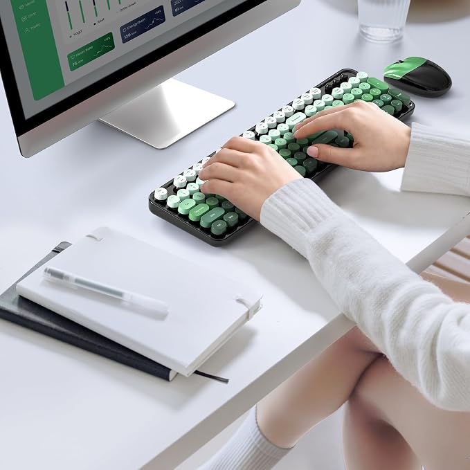 Wireless Keyboard and Mouse Combo, MOWUX Full Size Typewriter Retro Round Computer Keyboard, Cute Optical Mouse Wireless, Plug and Play, for Laptop, PC, Computer-Green Gradient Colorful