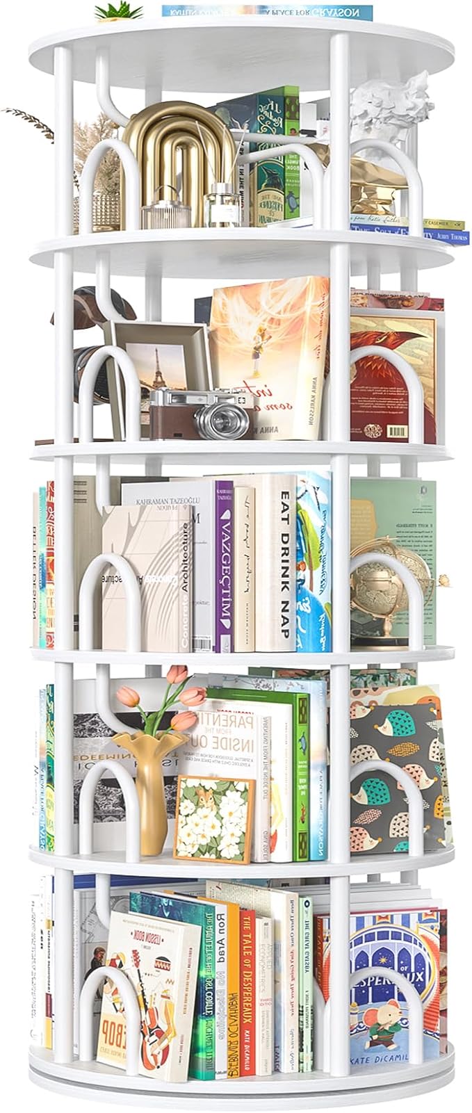 Aheaplus 5 Tier Rotating Bookshelf Tower, 360 Display Spinning Bookcase, Revolving Round Book Shelf Narrow Swivel Bookshelf, Vertical Turning Spiral Corner Book Organizer for Small Space, White
