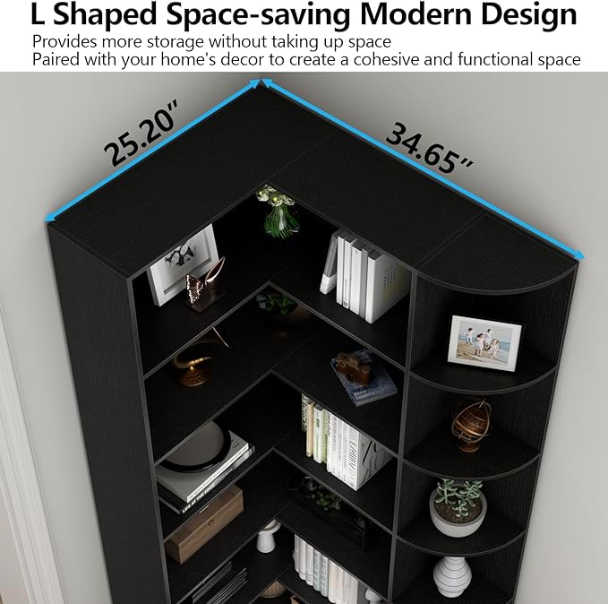 Loomie Black Book Shelf, 6 Tiers Shelf Large Tall Corner Etagere Bookcase with Full Baffle, L-Shaped Modern Storage Display Industrial Bookshelves for Bedroom, Home Office, Living Room & Kitchen,Black