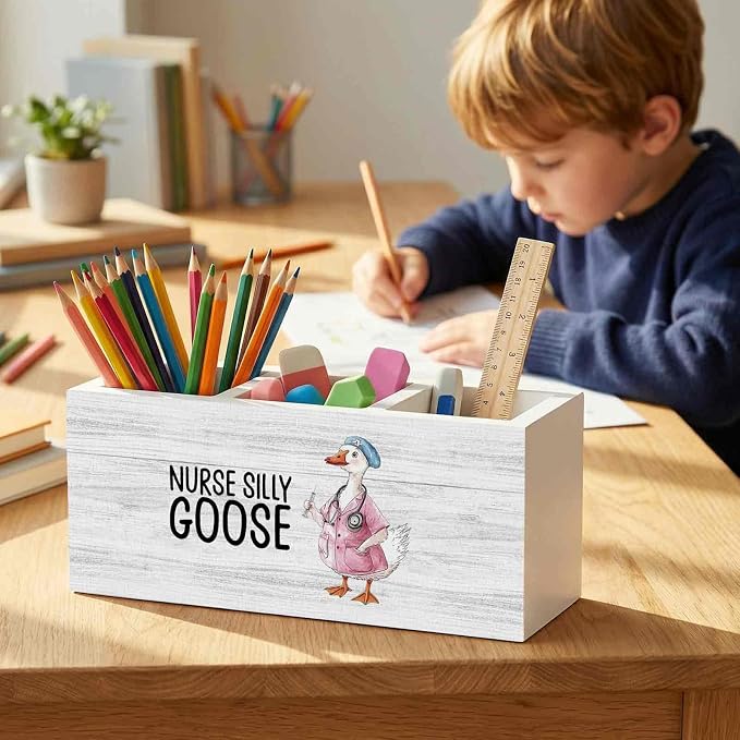 Funny Goose Nurse Office Pencil Pen Holder for Desk Organizer, Nursing Week Gifts, Nurse Appreciation Gifts, Gift for Nurses Female Women Wooden Box Decorations for Office Desk Tabletop Decor