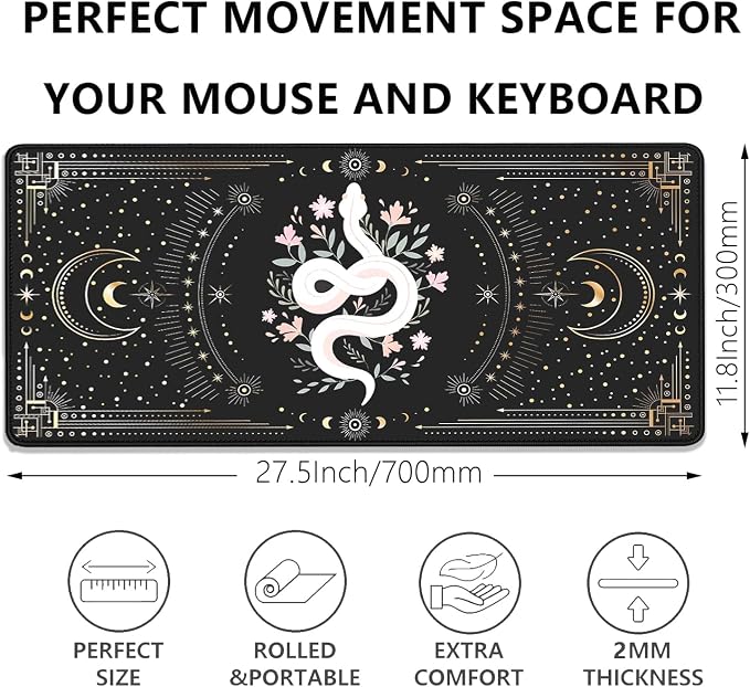 Mysterious Starry Sky Moon and White Snake Pattern Large Extended Gaming Mouse Pad E-Sports Office Desk Mat Keyboard Pad Rubber Non-Slip Computer Mouse Mat Suitable for Home Office Work(27.5X11.8 in)