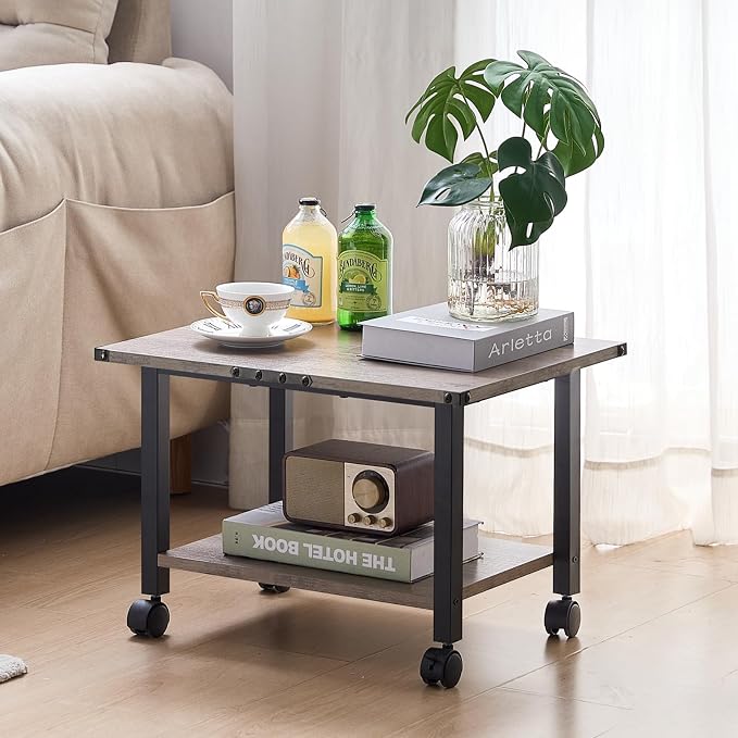 Lerliuo Under Desk Printer Stand, 2-Tier Industrial Mobile Printer Table with Storage Shelf and Steel Frame, Rolling Printer Cart Holder with Lockable Wheels for Home, Office (Grey)