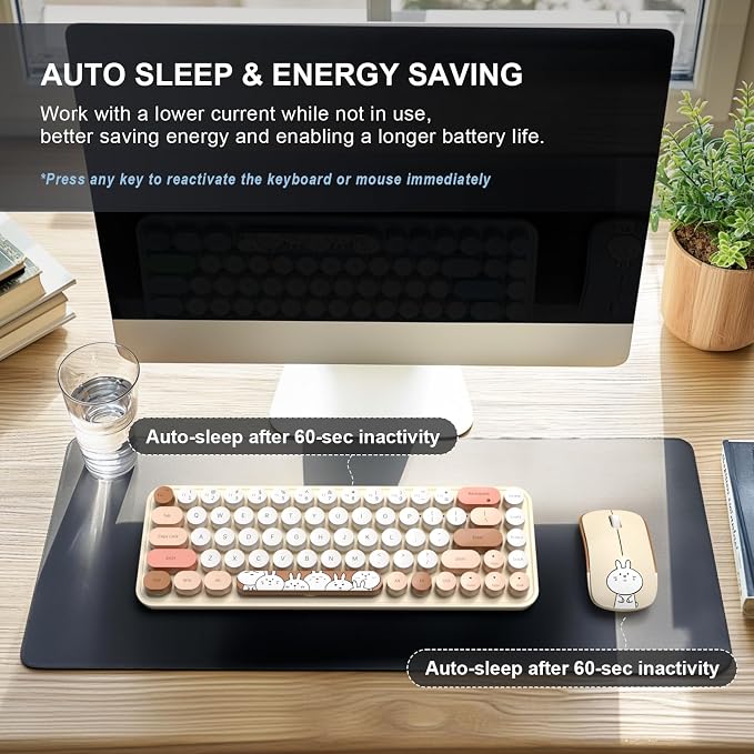 FOPETT Wireless Keyboard and Mouse Cute Mouse and Keyboard 2.4G Wireless Keyboards with Colorful 68 Keys Typewriter Retro Round Keycap for PC, Laptop,Tablet,Computer Windows - Milk Tea Colorful