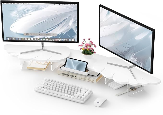 AFOOYO Dual Monitor Stand Riser, Wing-Shaped Sturdy Desktop Wood Stand for 2 Monitors, White Riser for Laptop, PC, Computer