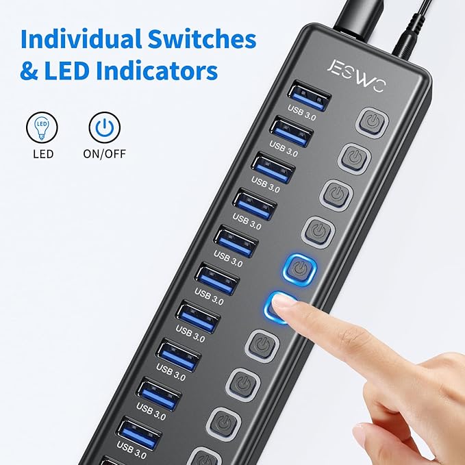 Powered USB Hub, JESWO 11 Port USB 3.0 Hub, 10 USB 3.0 Data Transfer Ports + 1 Smart Charging Port, USB Hub Powered with Individual LED On/Off Switches and 12V/3A Power Adapter
