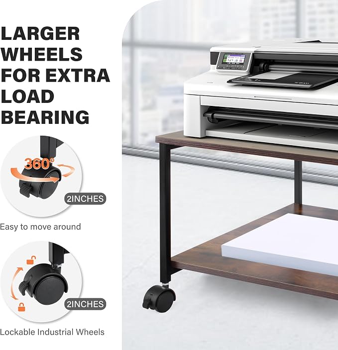 EMERIT Printer Stand,19.5''x19.5''x12.8'' 2 Tier Large Printer Laser Table Heavy Duty Rolling Printer Cart with Wheels for Home Office -100 LBS Each Tier