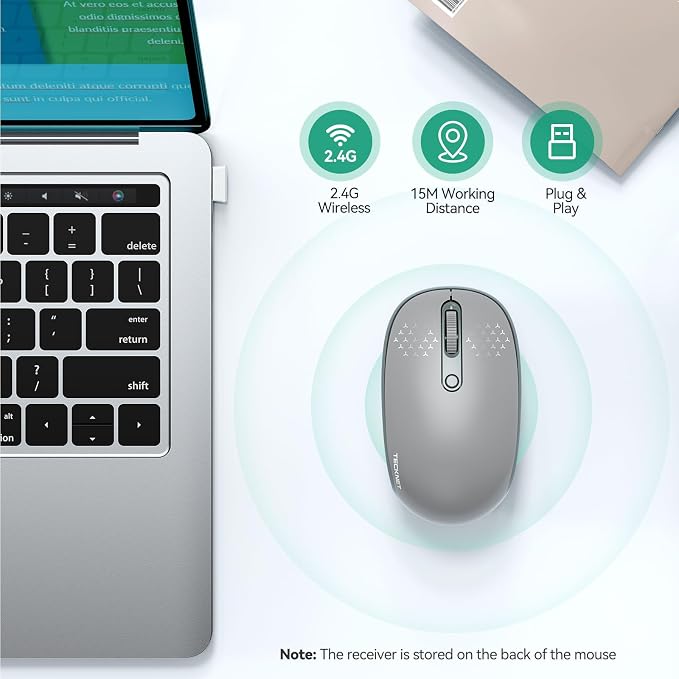 TECKNET Wireless Mouse, 2.4G Quiet Computer Mouse with USB Receiver, 4 Buttons Portable Cordless Mice for Chromebook, Laptop, PC, Mac, 800/1200/1600 DPI - Grey