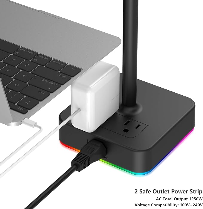 KAFRI RGB Headphone Stand with USB A&C Charger Desk Gaming Headset Holder Hanger Rack with 3 USB Charging Port and 2 Outlet - Suitable for Gamer Desktop Table Game Earphone Accessories Boyfriend Gifts