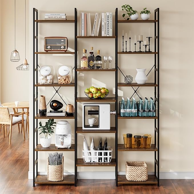 NUMENN Triple Column 6 Tier Bookshelf, Bookcase with 17 Open Display Shelves, Adjustable Rustic Industrial Style Book Shelves, Modern Bookshelves for Bedroom, Living Room and Home Office, Vintage