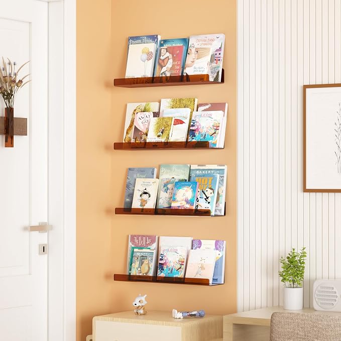 upsimples Acrylic Shelves for Wall Decor, 15" Display Shelf Perfume Organizer for Bathroom, Bedroom, Living Room, Floating Bookshelves for Kids, Clear Brown, 4 Pack