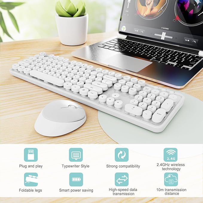 Wireless Keyboard and Mouse Combo, Ergonomic Full Size Typewriter Retro Round Keycaps Keyboard, Compatible with Windows, PC, Perfer for Home and Office Keyboards（White）