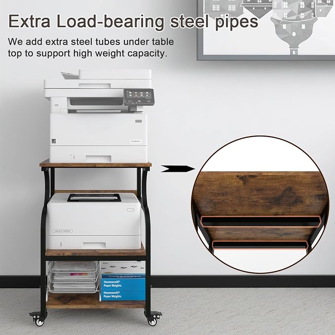 Natwind Large 3-Tier Rolling Printer Cart with Adjustable Shelf, 24”x20” Mobile Stand for Heat Press, 3D Printer, Home Office Multifunctional Shelves with Locking Wheels (Retro)