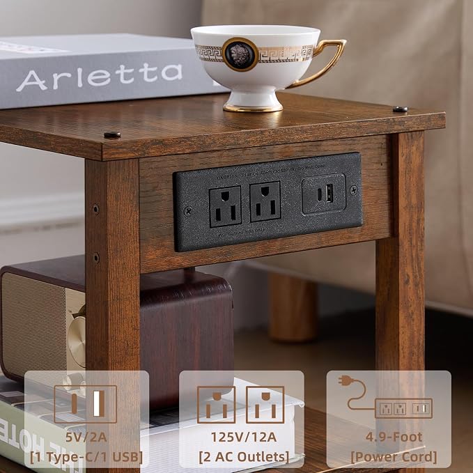 Lerliuo Under Desk Printer Stand with Charging Station, 2 Tier Wooden Small Printer Table with Storage, Rolling Printer Cart Shelf with Lockable Wheels for Home, Office (Brown)