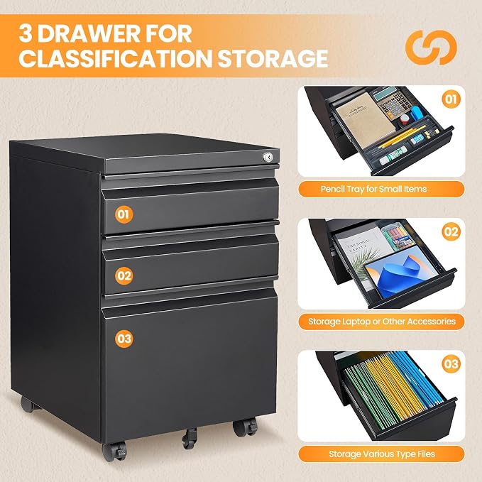 3 Drawer File Cabinet, Fully Assembled Mobile File Cabinets with Lock for Home Office, Metal Rolling Filing Caninet on Wheels, Three Drawer Under Desk Cabnet for Letter/Legal / A4 - Black