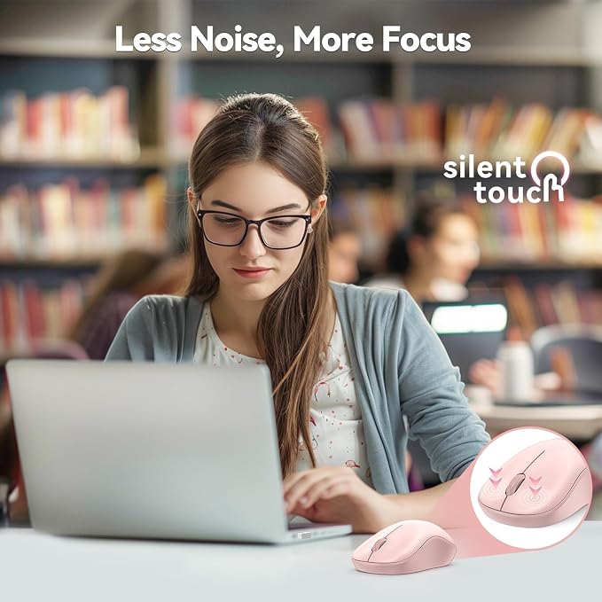 TECKNET Wireless Mouse for Laptop, 2.4G Silent Computer Mouse Quiet Click with 5 DPI Levels,Contoured Grip,Small Portable 30 Months Battery Cordless Mice for PC, Chromebook, Mac - Pink