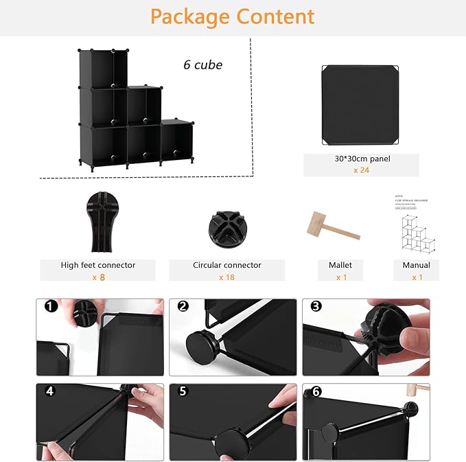 AWTATOS Cube Storage Organizer, Storage Cubes Shelves Bookshelf, 6 Cube Closet Organizers and Storage, DIY Stackable Plastic Clothes Organizer Shelving for Bedroom, Home, Black