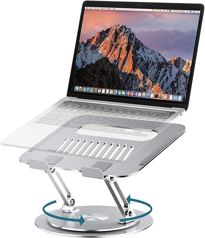 Lifelong Adjustable Laptop Stand with 360° Rotating Base, Ergonomic Computer Stand for Desk, Foldable & Portable Laptop Riser Holder Fits All MacBook, Laptops 10-16 Inches, Silver