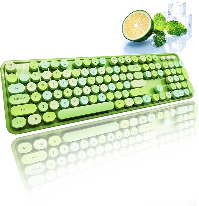 Guffercty kred Green Colorful Wireless Keyboard Mouse, Cute Retro Typewriter Round Keycaps 2.4GHz Dropout-Free Connection for Laptop/PC (Multicolor Green)