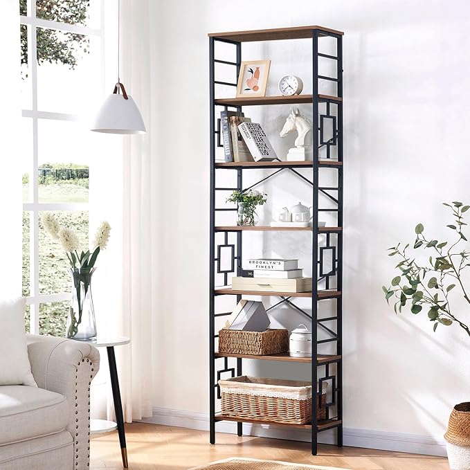 HOMISSUE Tall Bookshelf, 84 Inch Industrial Bookshelf with Metal Frame and Open Shelves, 7 Tier Metal Bookshelves and Bookcases, Rustic Tall Book Shelf for Office, Living Room and Bedroom, Brown