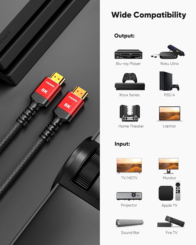 Highwings Short HDMI Cables 1.5FT/0.5M 2-Pack, HDMI 2.1 10K 8K@60Hz 4K@120Hz 48Gbps HDMI Cord, Ultra High Speed Sound & Picture Quality Performance Cable, Braided, DTS-HD, eARC, Ease of Installation