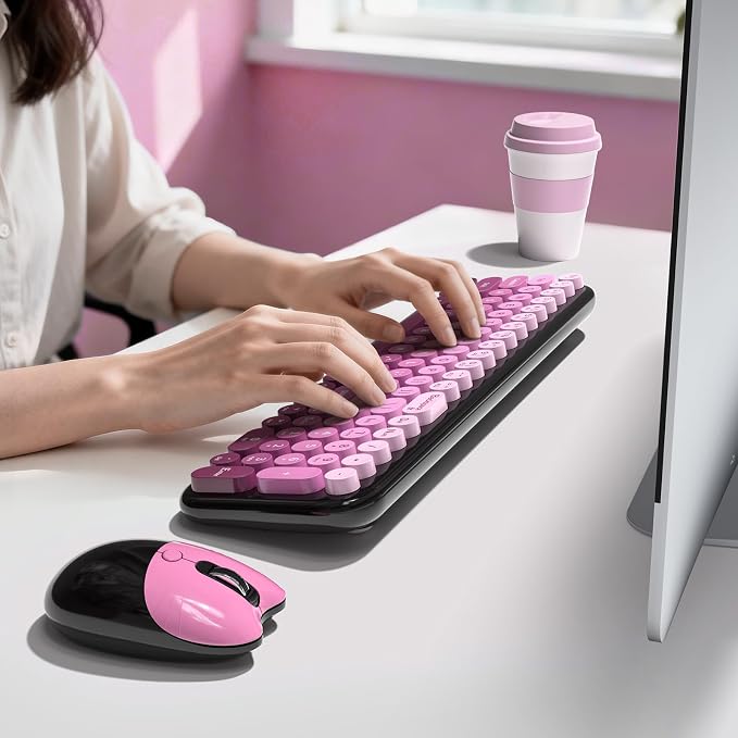 Wireless Keyboard and Mouse Combo, Meidosa 2.4GHz Colorful Full-Size Retro Typewriter Keyboard with Cat Shape 3 Level Adjustable Optical Mouse for PC/Desktop/Laptop/Windows (Black Pink)