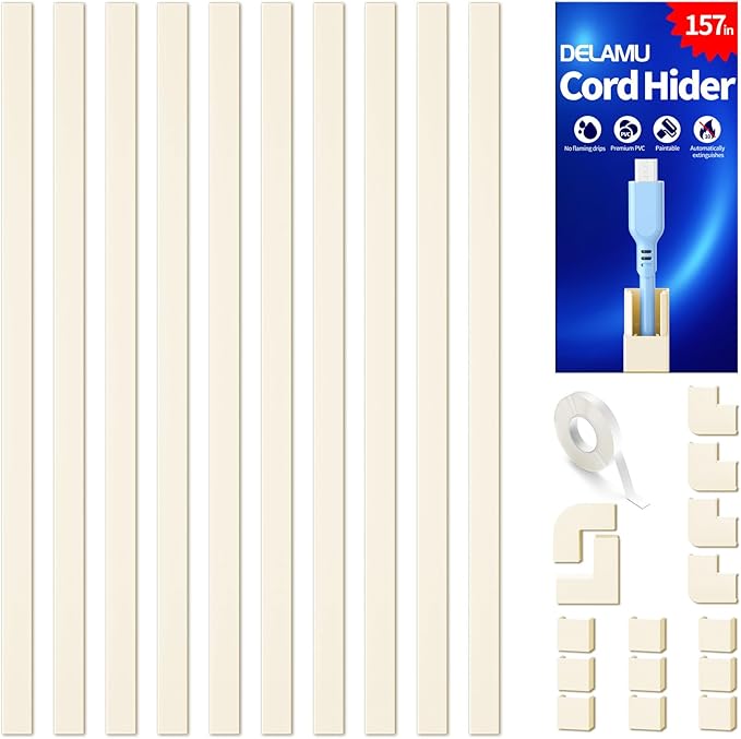 Delamu 157in Cord Covers for Wires on Wall, Cord Hider for 1 Cord, Paintable Cable Hider, Cable Management Wire Covers for Cords, L15.7 W0.55 H0.4in, Beige