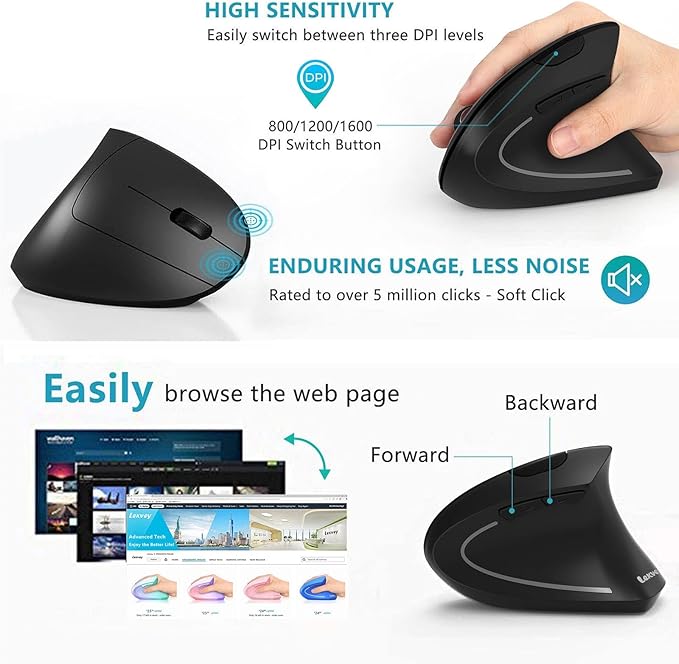 Ergonomic Mouse, LEKVEY Vertical Wireless Mouse - Rechargeable 2.4G Optical Vertical Mice : 3 Adjustable DPI 800/1200/1600 Levels 6 Buttons, for Laptop, Mac, PC, Computer, Desktop, Notebook etc, Black