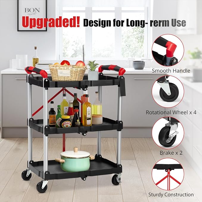 Folding Utility Service Cart, Collapsible Cart with Wheels, 3 Tier Rolling Utility Cart, Folding Cart with Wheels Collapsible, Service Cart for Tool, Grocery, Bar, Garage, Kitchen, Office