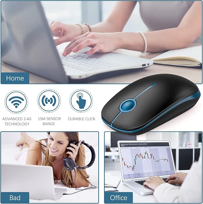 Vssoplor Wireless Mouse, 2.4G Slim Portable Computer Laptop Mouse with Nano Receiver Quiet Silent Optical Mice for Notebook, PC, Laptop, Computer-Black and Sapphire Blue