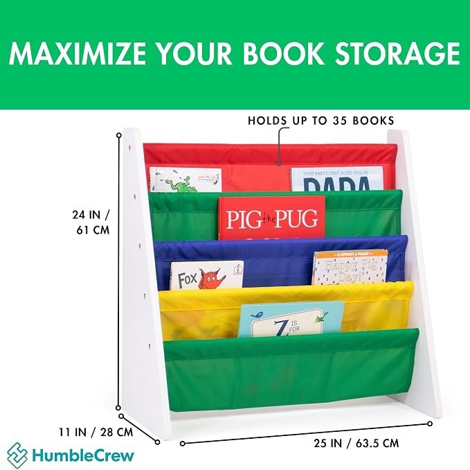 Humble Crew 4-Tier Kids Bookshelf, White Wood/Primary - Premium Book Shelf for Kids Rooms with Four Deep Pockets - Toddler Sling Book Rack with Deep Sleeves, Nursery Bookcase Organizer