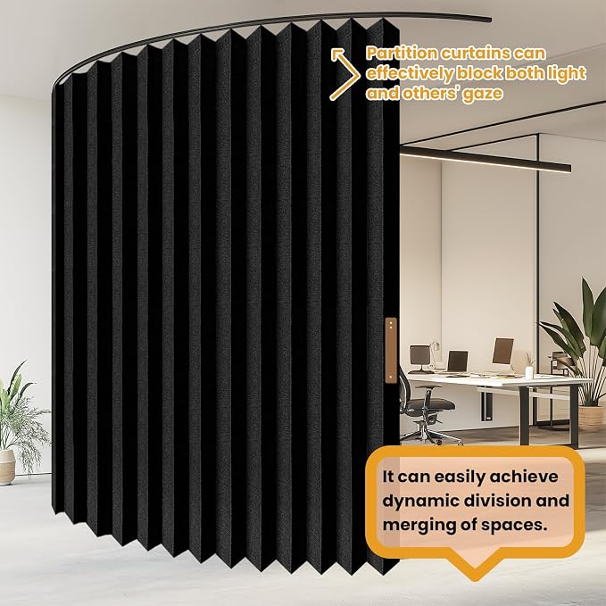 JILRON Accordion-Style Room Divider with Ceiling Track - Foldable Partition Curtain, Easy Installation(Black 100" W x 108" L-Pack of 1)
