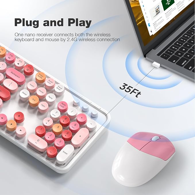 MOFII Wireless Keyboard and Mouse Combo,2.4GHz Retro Full-Size Wireless Keyboard with Number Pad and Cute Wireless Mouse for Computer PC Desktops Laptop WindowsxP/7/8/10 (Lipstick Colorful)
