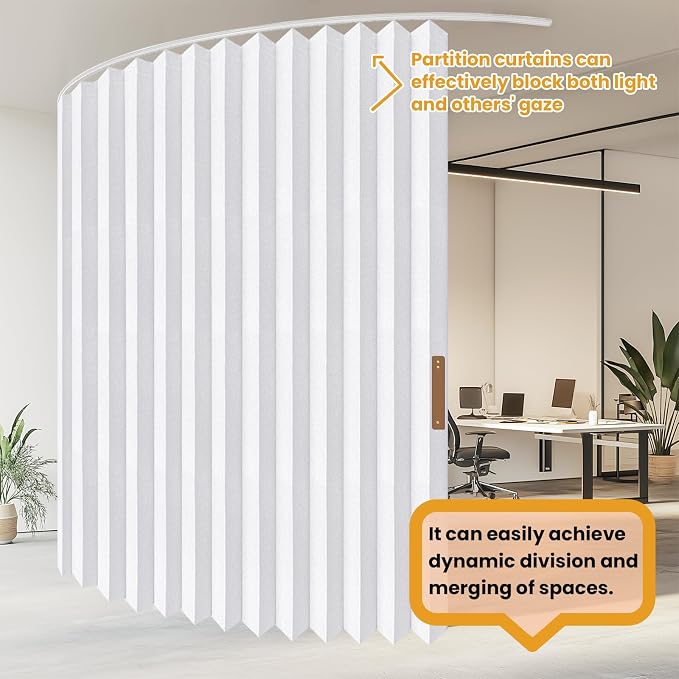 JILRON Hanging Accordion Room Divider with Track System - Ceiling-Mounted Partition Curtain, Simple Installation(White 180" W x 96" L-Pack of 1)
