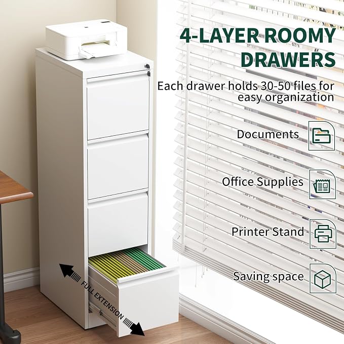 4 Drawer File Cabinet with Lock, Vertical File Cabinet with Lock, Locking File Cabinet Hanging Files for A4/ Legal/Letter, Require Assembly, White